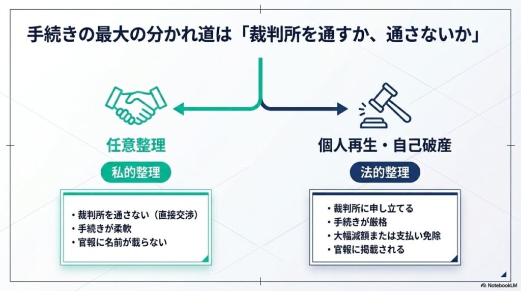 個人再生・自己破産との根本的な違いは裁判所を通すか否か?
