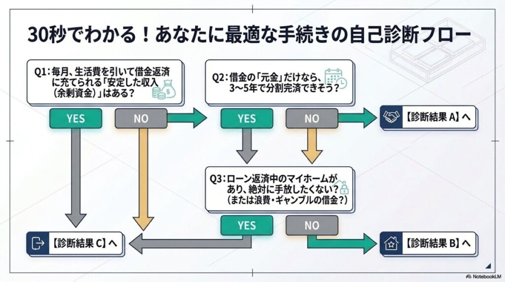 【テキスト型・自己診断フロー】あなたに最適な債務整理の手続きはどれ?