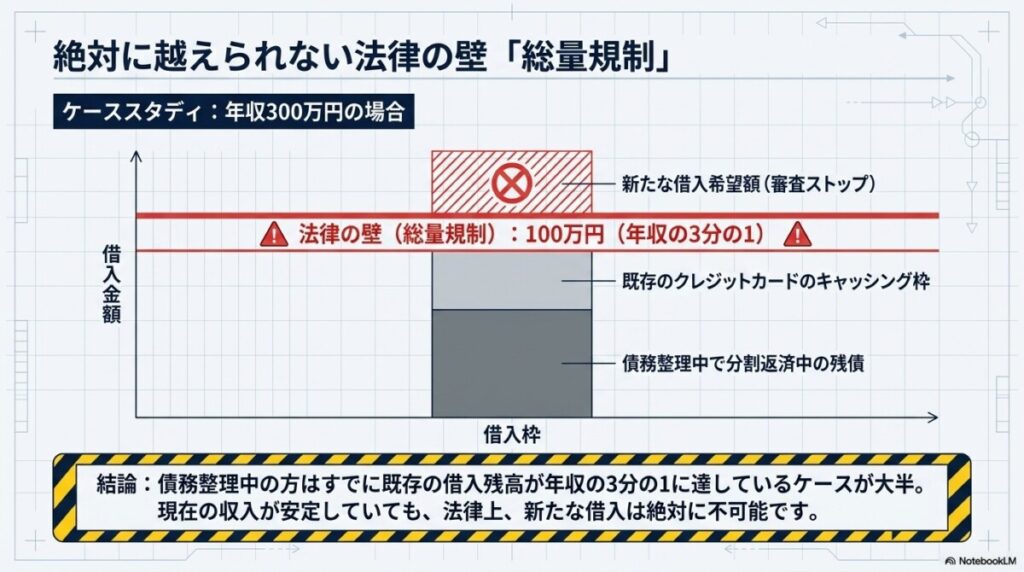 ただし法律の壁！貸金業法の「総量規制」で年収の3分の1を超える借入は不可