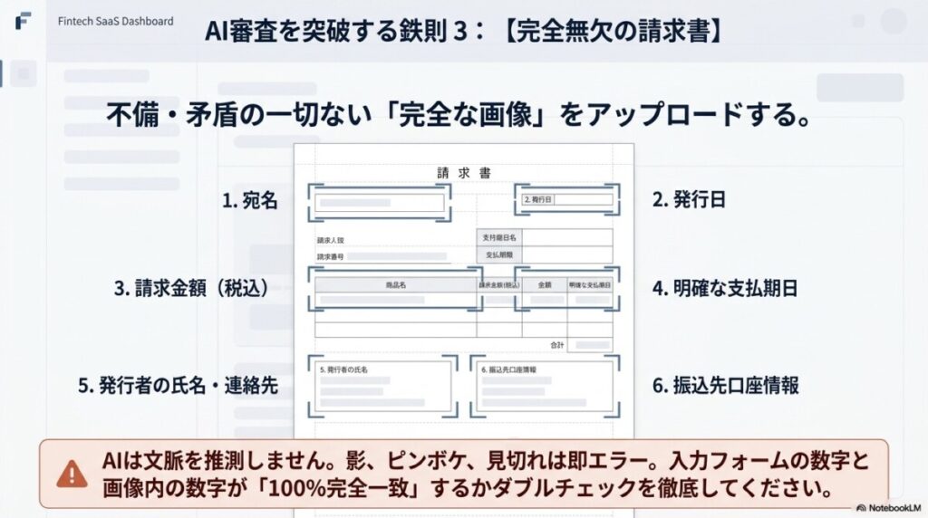 AI審査を突破する鉄則3：不備・矛盾の一切ない「完全な請求書」をアップロードする