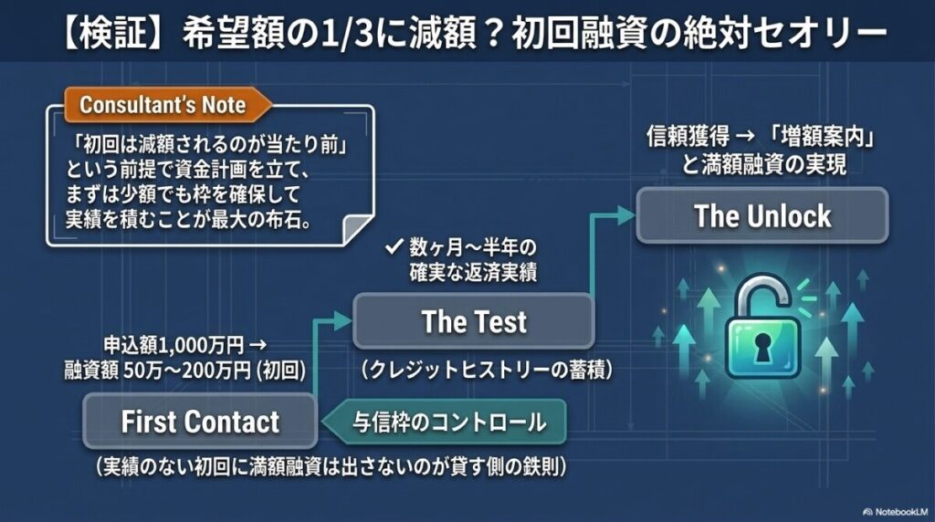 【検証】希望額の1/3に減額？初回融資の絶対セオリーの図解