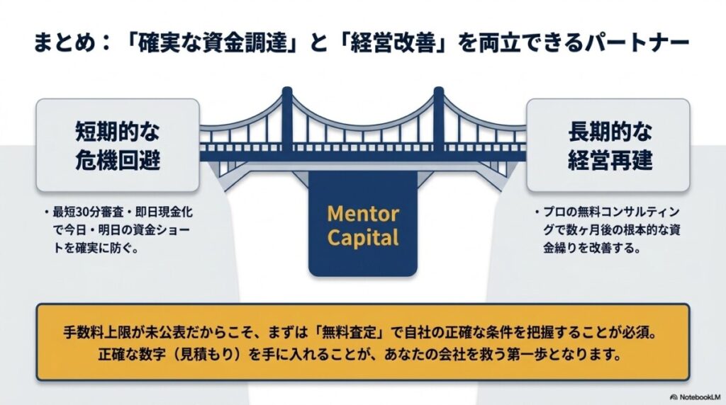 まとめ:メンターキャピタルは「確実な資金調達」と「経営改善」を両立できるパートナー 図解イラスト