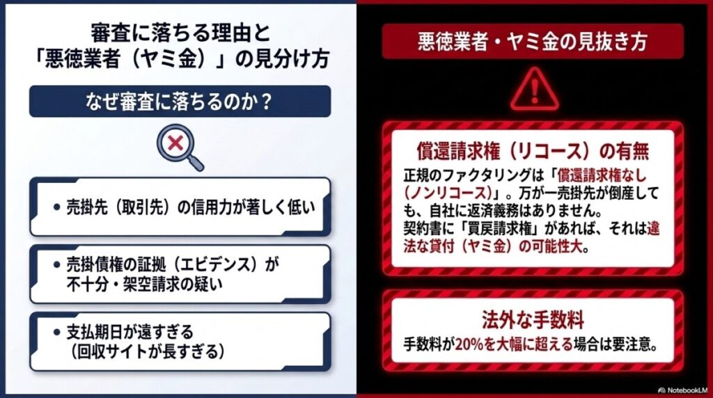 法人がファクタリング審査に落ちる理由とヤミ金(悪徳業者)との違い 図解イラスト