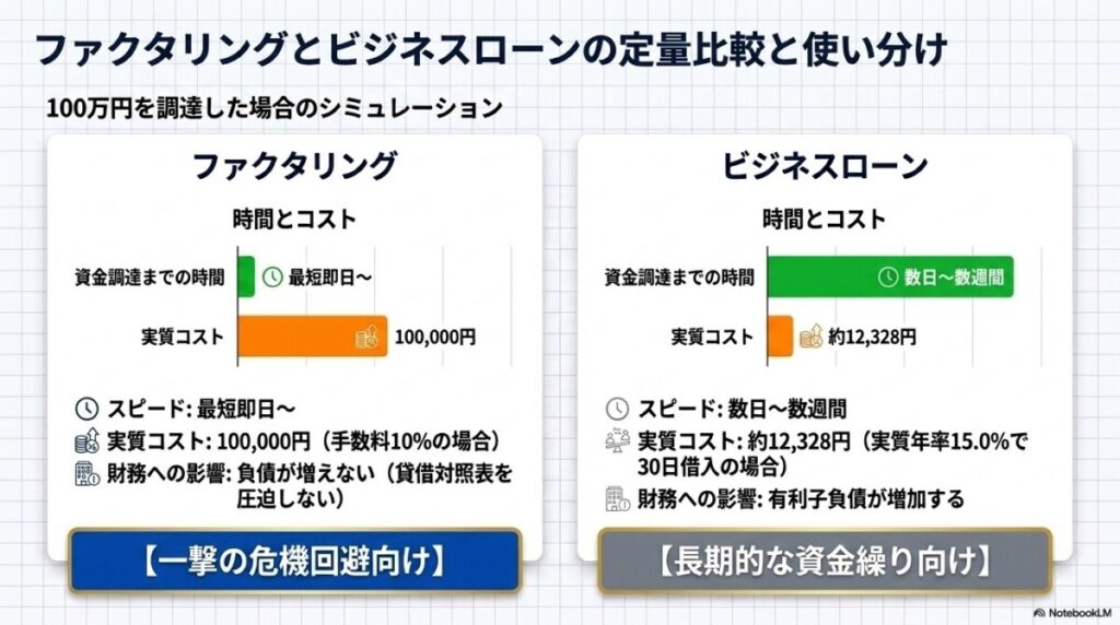 ファクタリングとビジネスローン(融資)の定量比較と使い分け 図解イラスト