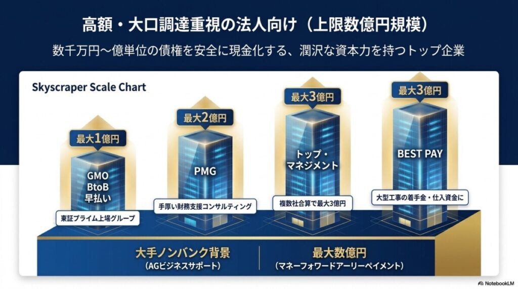 高額・大口調達重視の法人向け(上限数億円規模) 図解イラスト