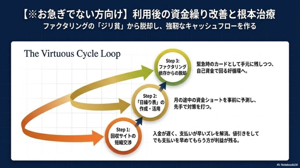 【※お急ぎでない方向け】ファクタリング利用後の資金繰り改善と回収サイトの短縮 図解イラスト