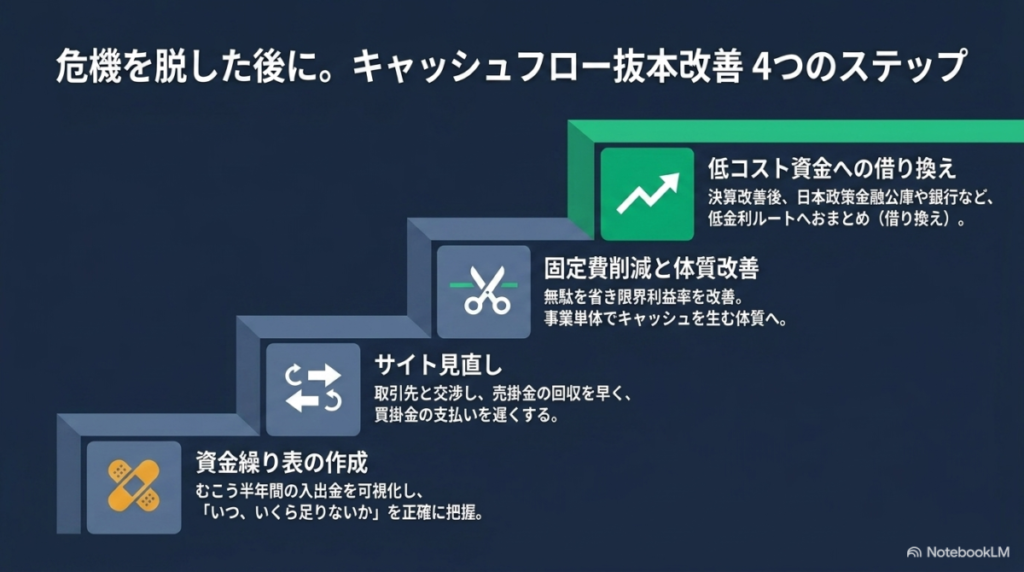 審査落ちの危機から脱却！中長期的な資金繰り改善へのステップの図解