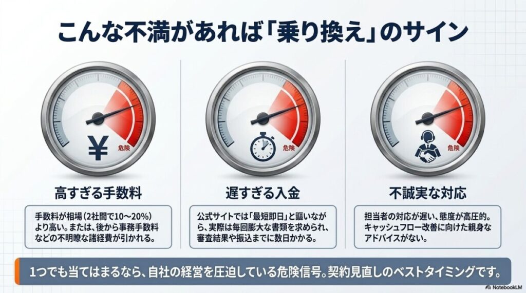 ファクタリングの乗り換えを検討すべきタイミングとは？ 図解イラスト