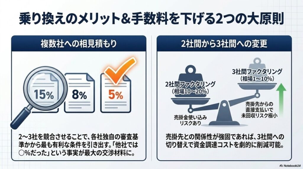 ファクタリング乗り換えのメリットと手数料を下げるコツ 図解イラスト
