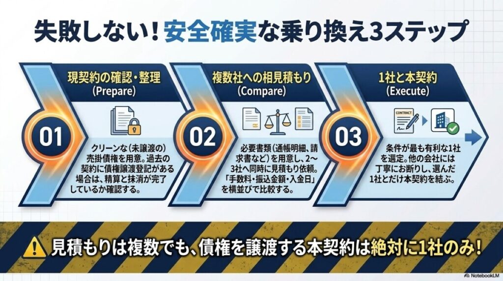 失敗しないファクタリング乗り換えの具体的な手順 図解イラスト